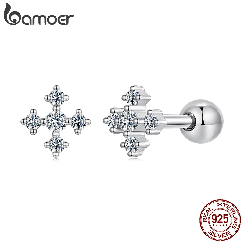 Обеци BAMOER с кръст от моасанит с кръгъл завъртящ се гръб, кръгли диамантени обеци със звезда, създадени в лаборатория, за жени, годежен подарък