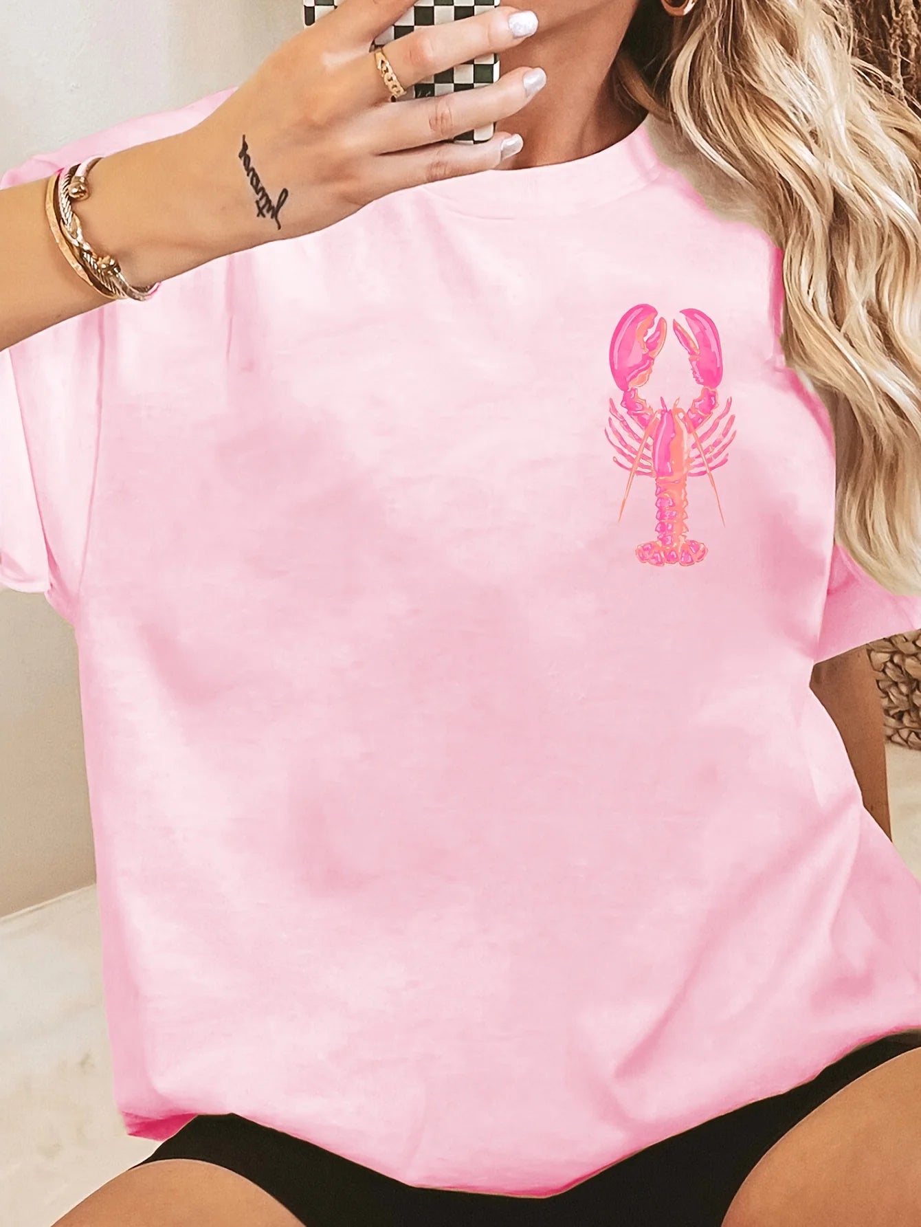 Дамска тениска с къс ръкав с шарка на омар и резен лимон, летен топ, дамско плажно облекло, лятно улично облекло, графични тениски за жени от 2000 г.