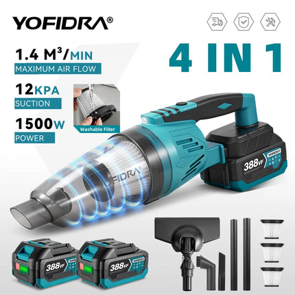 YOFIDRA 1500W 4IN1 Електрическа прахосмукачка 12KPA Безжична прахосмукачка Инструменти за почистване на автомобили с 3 филтъра за батерия Makita