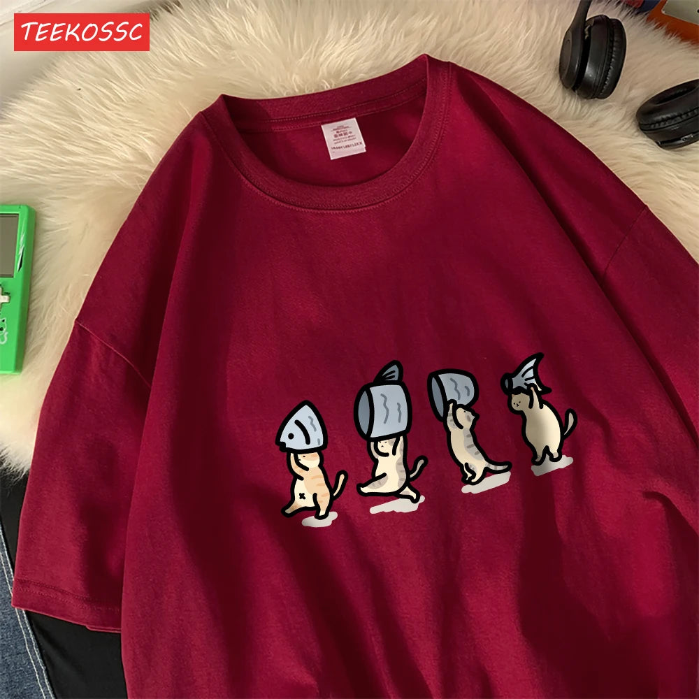 Четири малки котки, държащи рибен памук, дамски тениски с анимационни принтове, меки тениски с О-образно деколте, широки топове с къс ръкав, летни дрехи