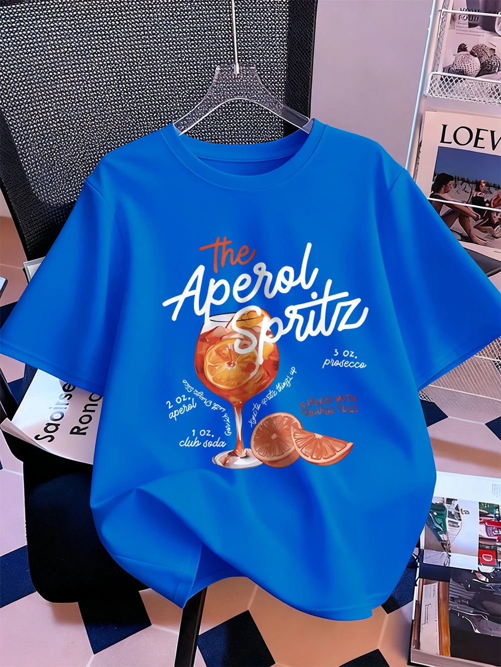 Тениска с щампи на Aperol Spritz с лимон, дамски памучен летен топ с къс ръкав, удобна широка тениска с О-образно деколте, спортни дрехи