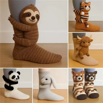 3D плетени чорапи с животни, сладки коала, панда, котка, ленивец, ръчно плетени топли уютни забавни чорапи, новост за жени