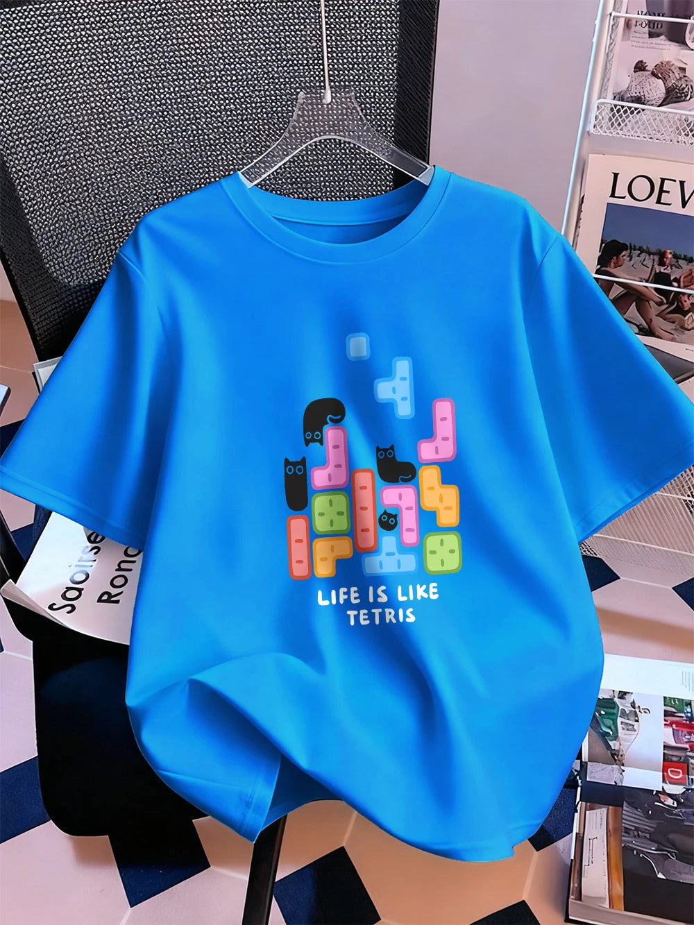 Животът е като тениска с щампа на тетрис, дамска памучна лятна тениска с къс ръкав, широка мека тениска с О-образно деколте, ежедневни дамски дрехи