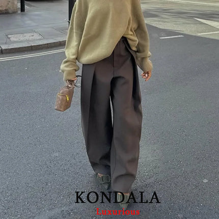 KONDALA Ежедневни шикозни широки панталони за жени, офис дамски джобове, плисирани дълги панталони, модни пролетно-летни панталони 2026