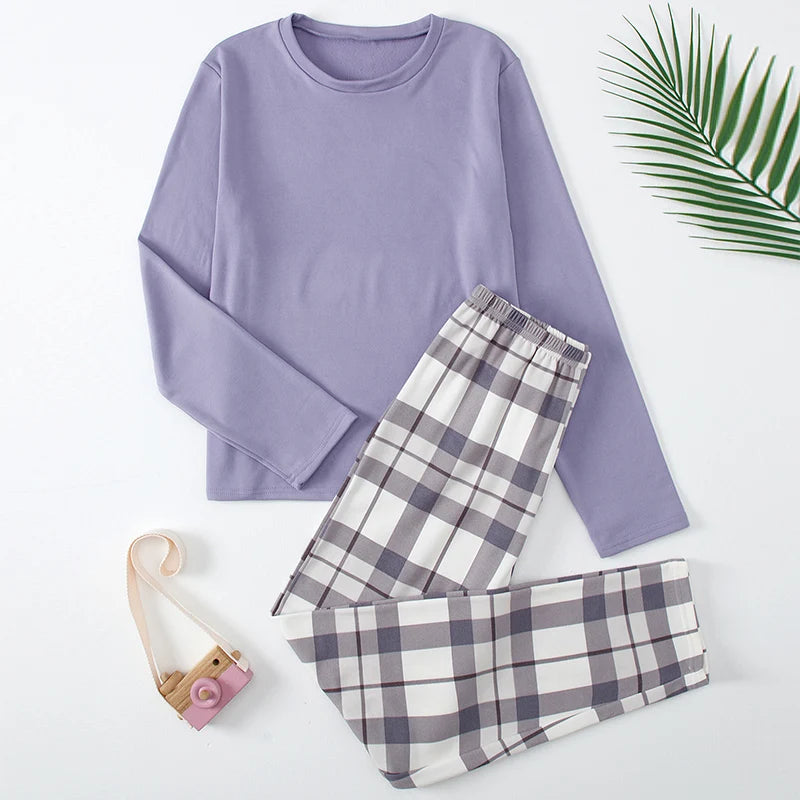 14+ Тийнейджърска тениска с едноцветен цвят, карирани панталони, домашни услуги, пижама за момичета с кръгло деколте, екип за свободното време за момчета от гимназията, пролетен и...