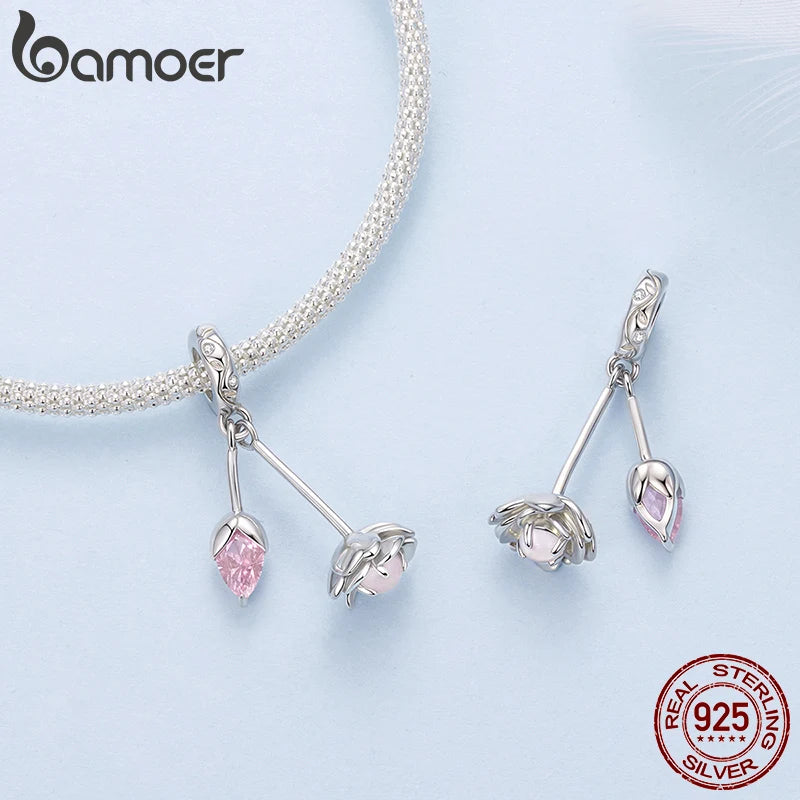 Bamoer 925 Стерлингово Сребро Подвижна Висулка с Цвете Овални Розови Мъниста за Жени Тийнейджъри Направи си сам Романтични Пролетни Бижута Подарък