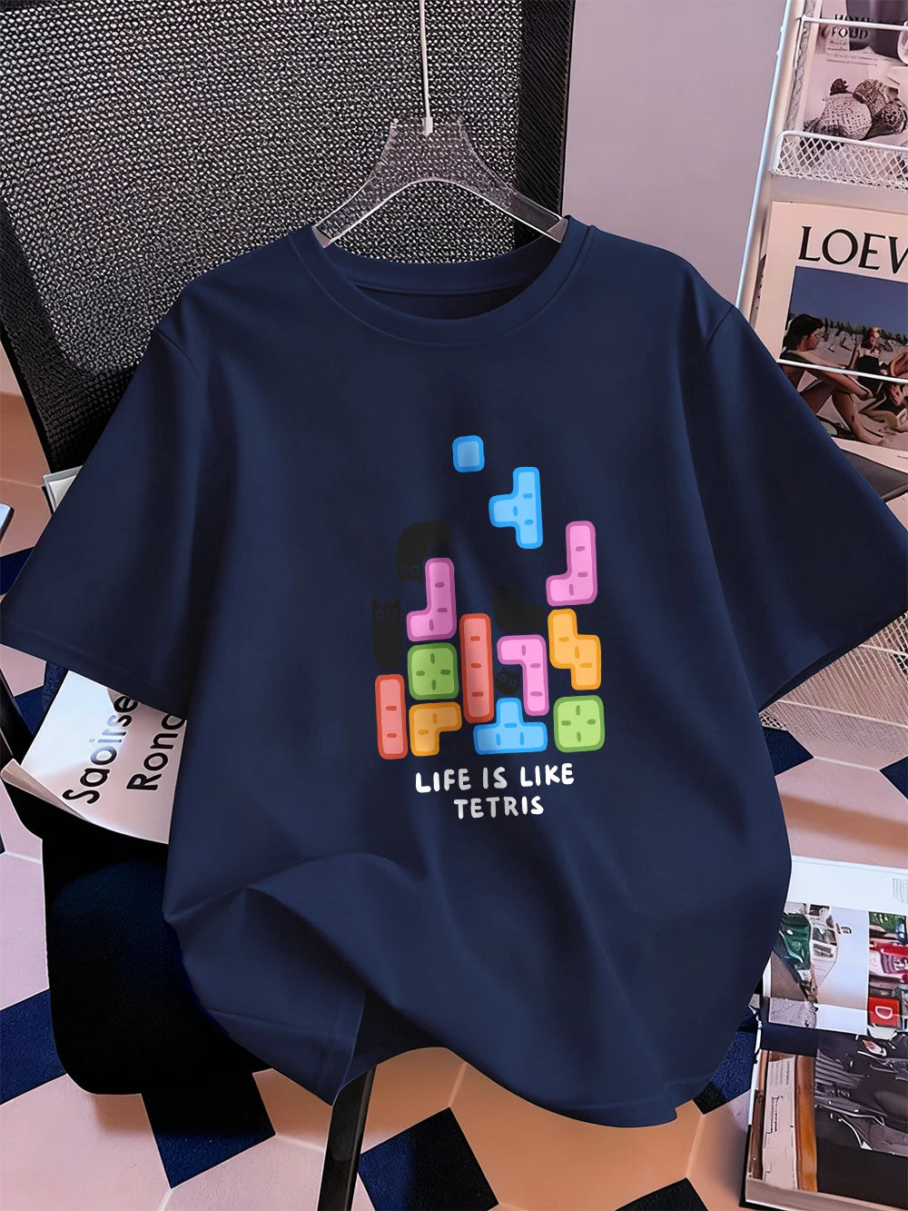 Животът е като тениска с щампа на тетрис, дамска памучна лятна тениска с къс ръкав, широка мека тениска с О-образно деколте, ежедневни дамски дрехи