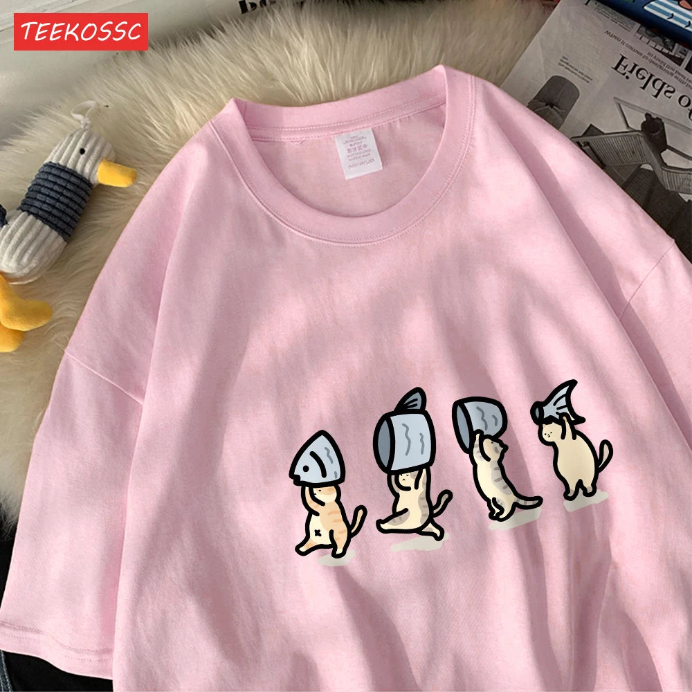 Четири малки котки, държащи рибен памук, дамски тениски с анимационни принтове, меки тениски с О-образно деколте, широки топове с къс ръкав, летни дрехи