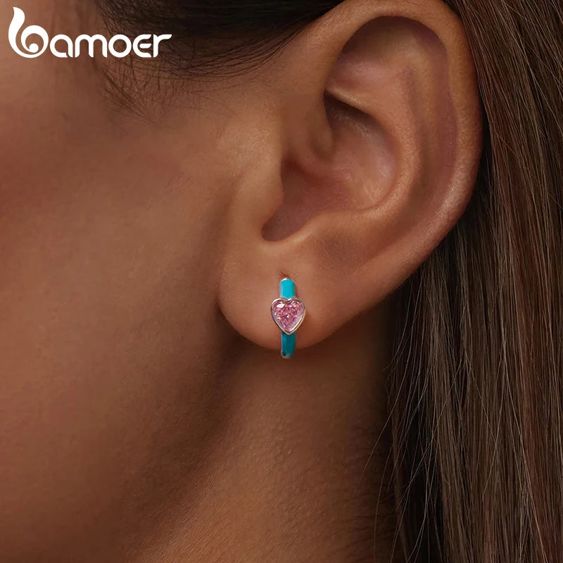 Bamoer 925 стерлингово сребро розов циркон изявление закопчалки за уши емайлирани зелени Huggies обеци халки за жени тийнейджъри ярки бижута