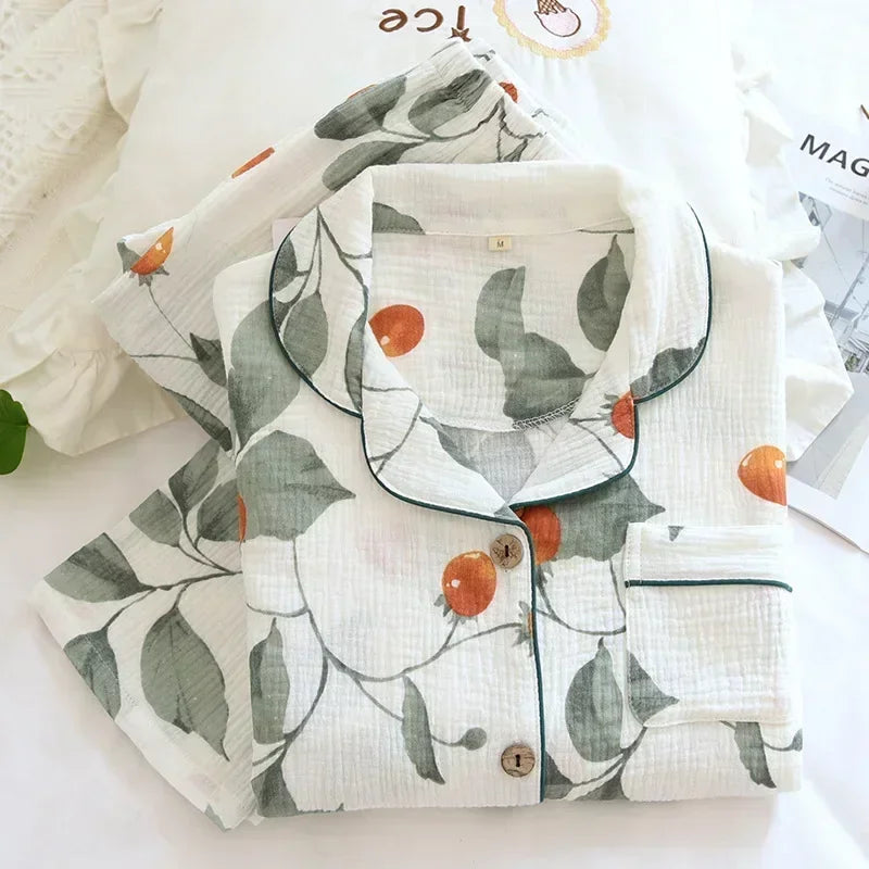 Нови дамски пижами с голям размер, памучни креп панталони с дълъг ръкав, удобни за лятото и есента