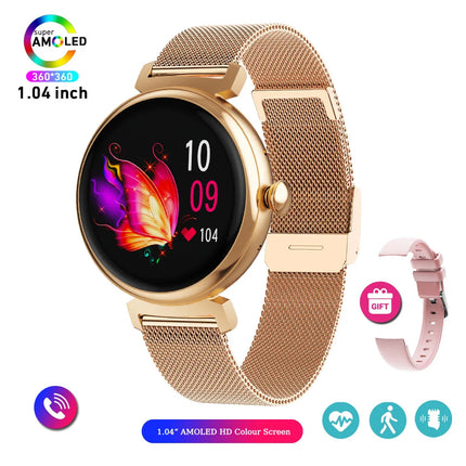 1.04 инчов AMOLED екран, моден дамски смарт часовник, екран, винаги показващ Bluetooth повиквания, смарт часовник с метално тяло, малък екран