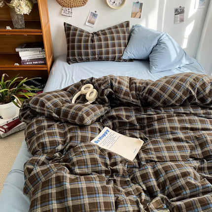 Комплект спално бельо MissDeer Ins Ambiance Blue Coffee Grid, смесен с пран памук, минималистичен комплект от четири части, с прилепнали чаршафи, калъф за завивка