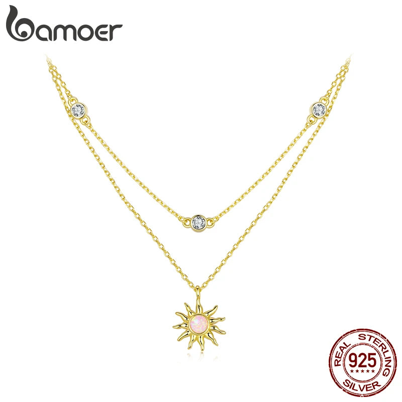 BAMOER Сребърно колие 925 с розов опал слънце, двуслойна верижка с циркони, позлатено с 18-каратово злато, подарък за майка