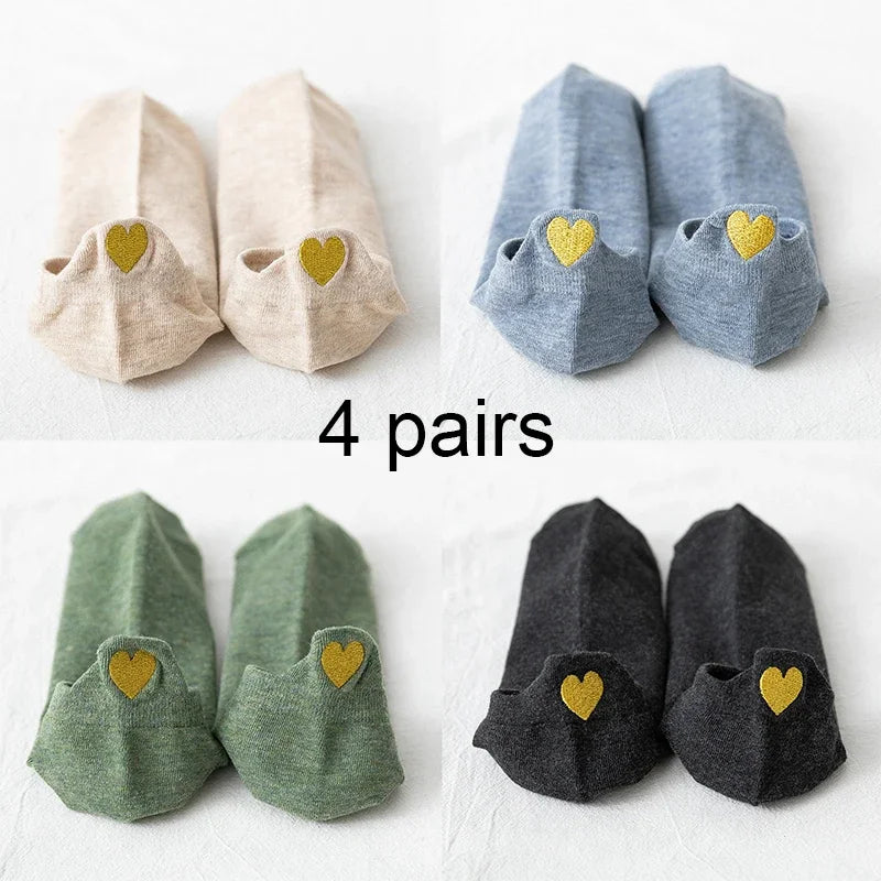 Модни дамски чорапи, нови пролетни 2024 г., 4 чифта до глезена за момичета, памучни, цветни, новост, дамски, сладки, със сърце, ежедневни, забавни чорапи