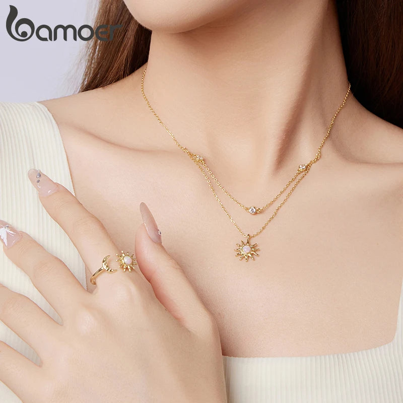 BAMOER Сребърно колие 925 с розов опал слънце, двуслойна верижка с циркони, позлатено с 18-каратово злато, подарък за майка