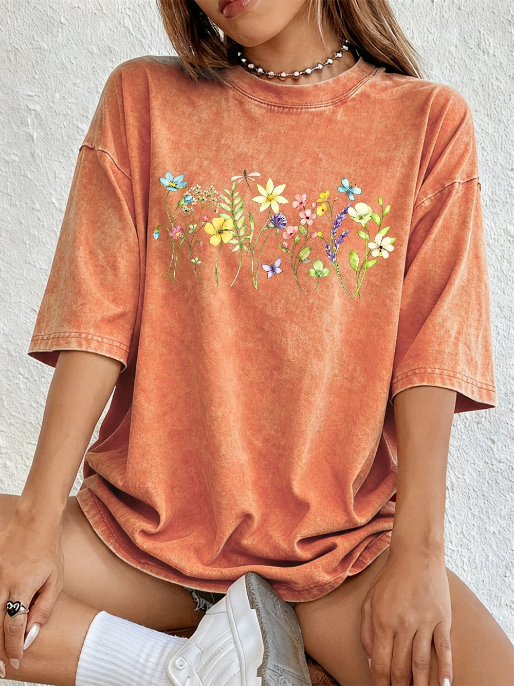 Памучни тениски с принтове „Цветя привличат водни кончета“, жени, летни, големи топове, мека тениска с О-образно деколте, ежедневни дрехи