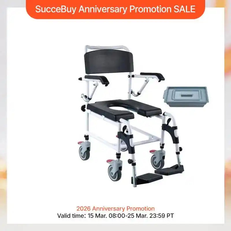 Инвалидна количка за душ SucceBuy с 4 заключващи се колела, поставки за крака, сгъваеми подлакътници, регулируема височина на 3 нива, подвижна кофа 5 л