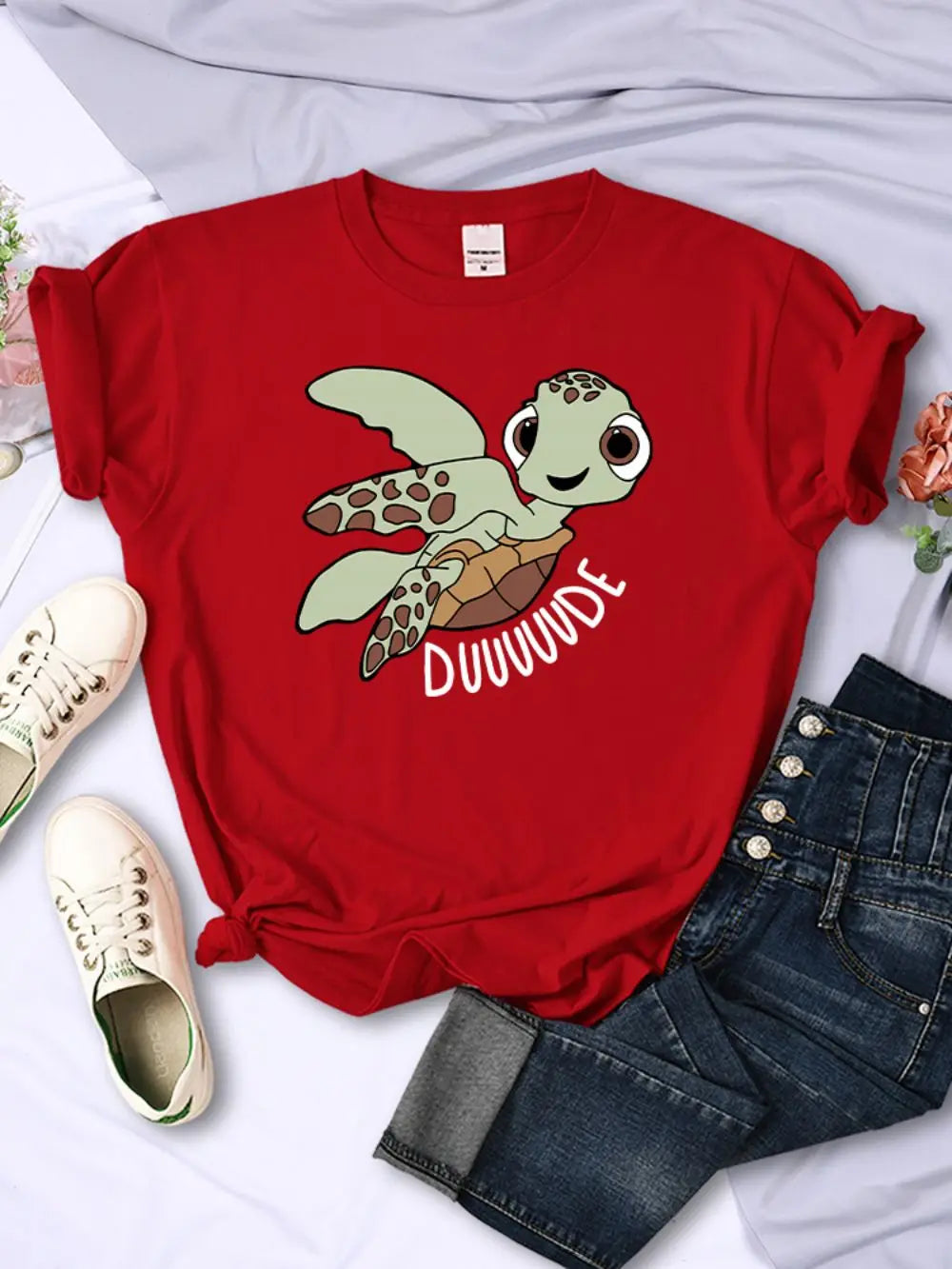 Прости дамски тениски, сладки анимационни костенурки с букви, щампи, топове с О-образно деколте, удобни меки тениски, летни ежедневни дамски дрехи