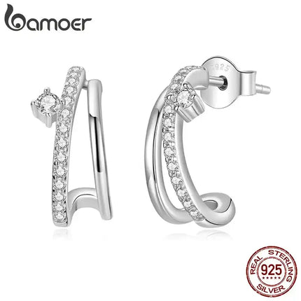 Обеци BAMOER с моисанит, двуслойни, с форма на халка, цвят D, кръгла шлифовка, сребро 925 за жени