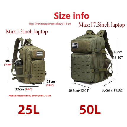 25L/50L Тактическа раница, ловна MOLLE раница, фитнес зала за мъже, EDC раница за туризъм на открито, вещица с 2 държача за бутилки