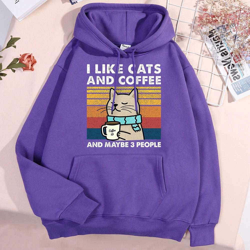 Харесвам котки и кафе суитчъри за мъже, жени, модни дрехи с кръгло деколте, свободни полар, нови суитчъри с качулки, уличен пуловер, мъжки суитчър