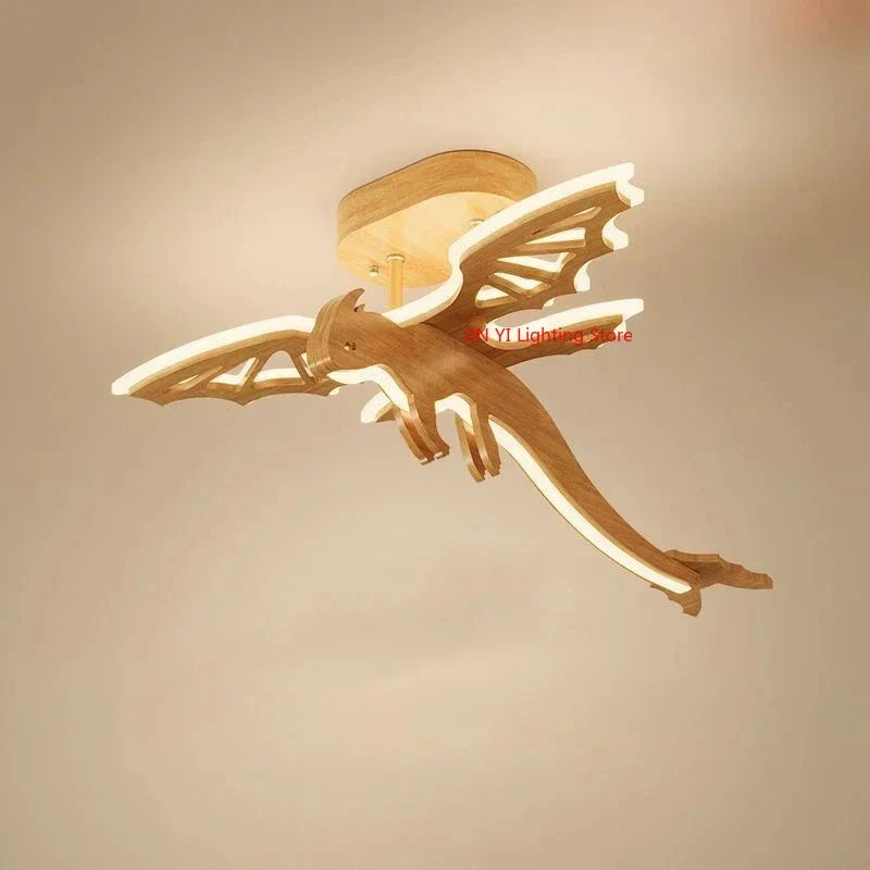 LED таванна лампа с динозавър от масивно дърво, детска стая, спалня за момче, креативна модерна анимационна декоративна лампа, летящ дракон