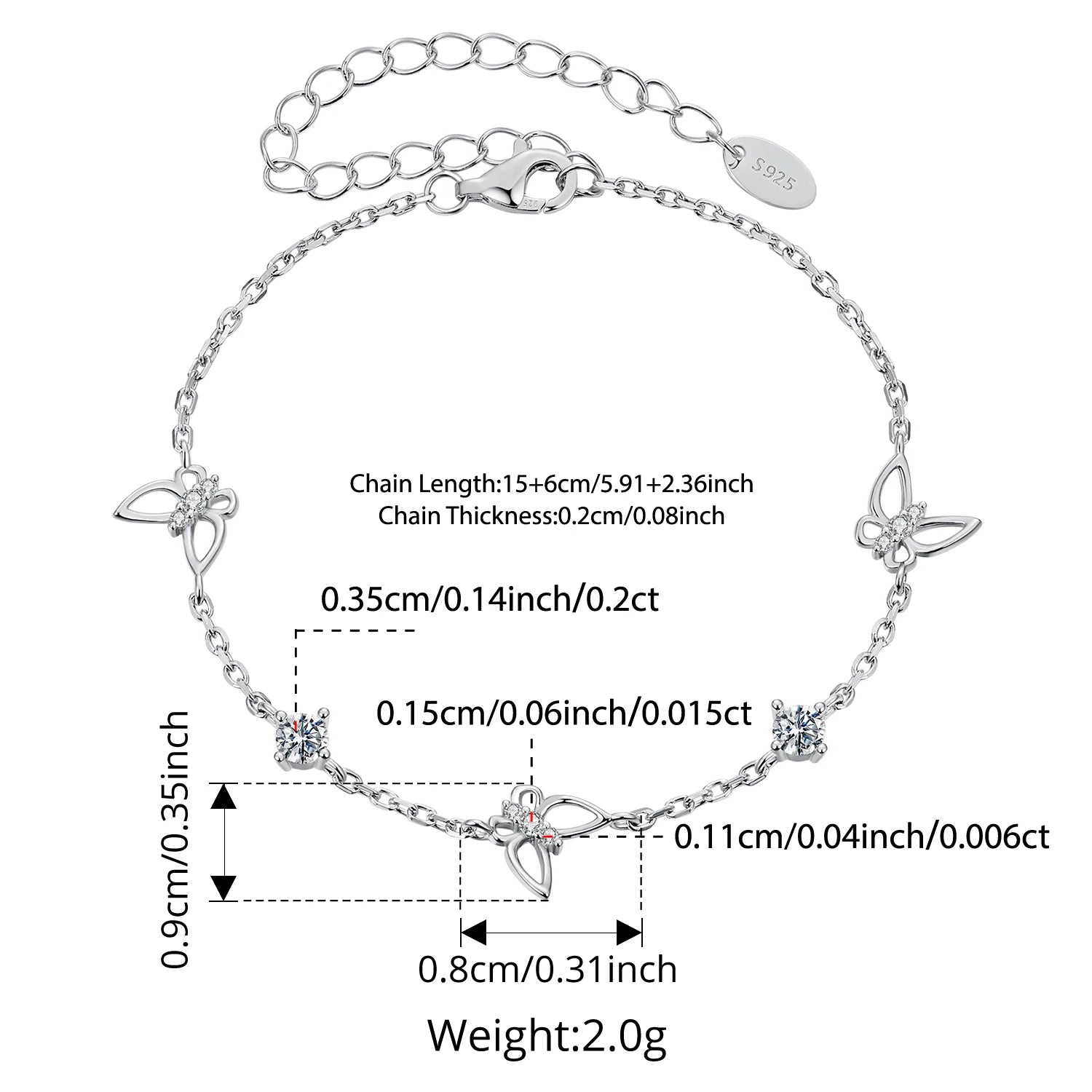 BAMOER Гривна с кухи пеперуди от моисанит, регулируема верижка за китка от стерлингово сребро 925 за жени, романтичен подарък за тийнейджъри