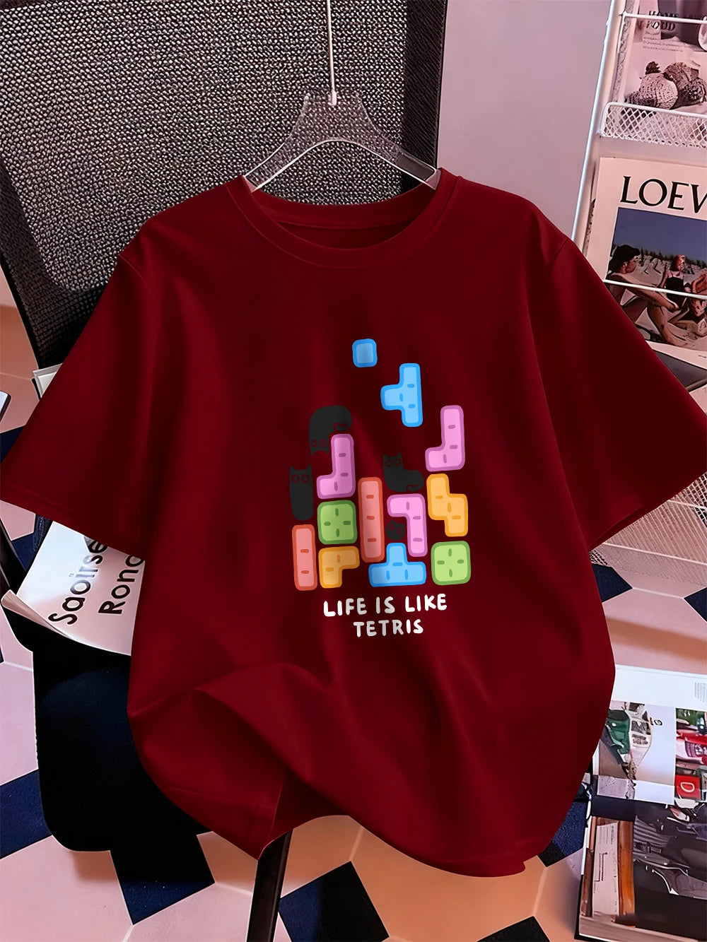 Животът е като тениска с щампа на тетрис, дамска памучна лятна тениска с къс ръкав, широка мека тениска с О-образно деколте, ежедневни дамски дрехи