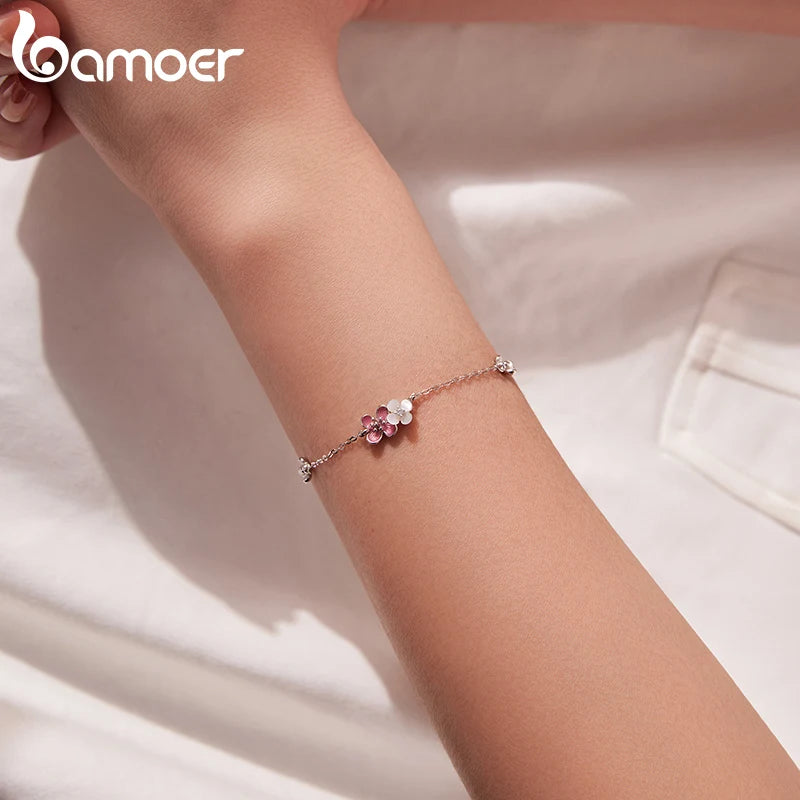Bamoer Стерлингово сребро 925, гривна с миди и цвете, емайлирана розова регулируема верижка за жени, тийнейджъри, декор, подарък за рожден ден