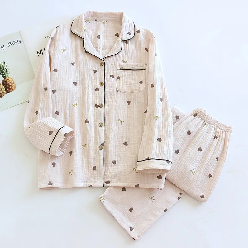 Нови дамски пижами с голям размер, памучни креп панталони с дълъг ръкав, удобни за лятото и есента