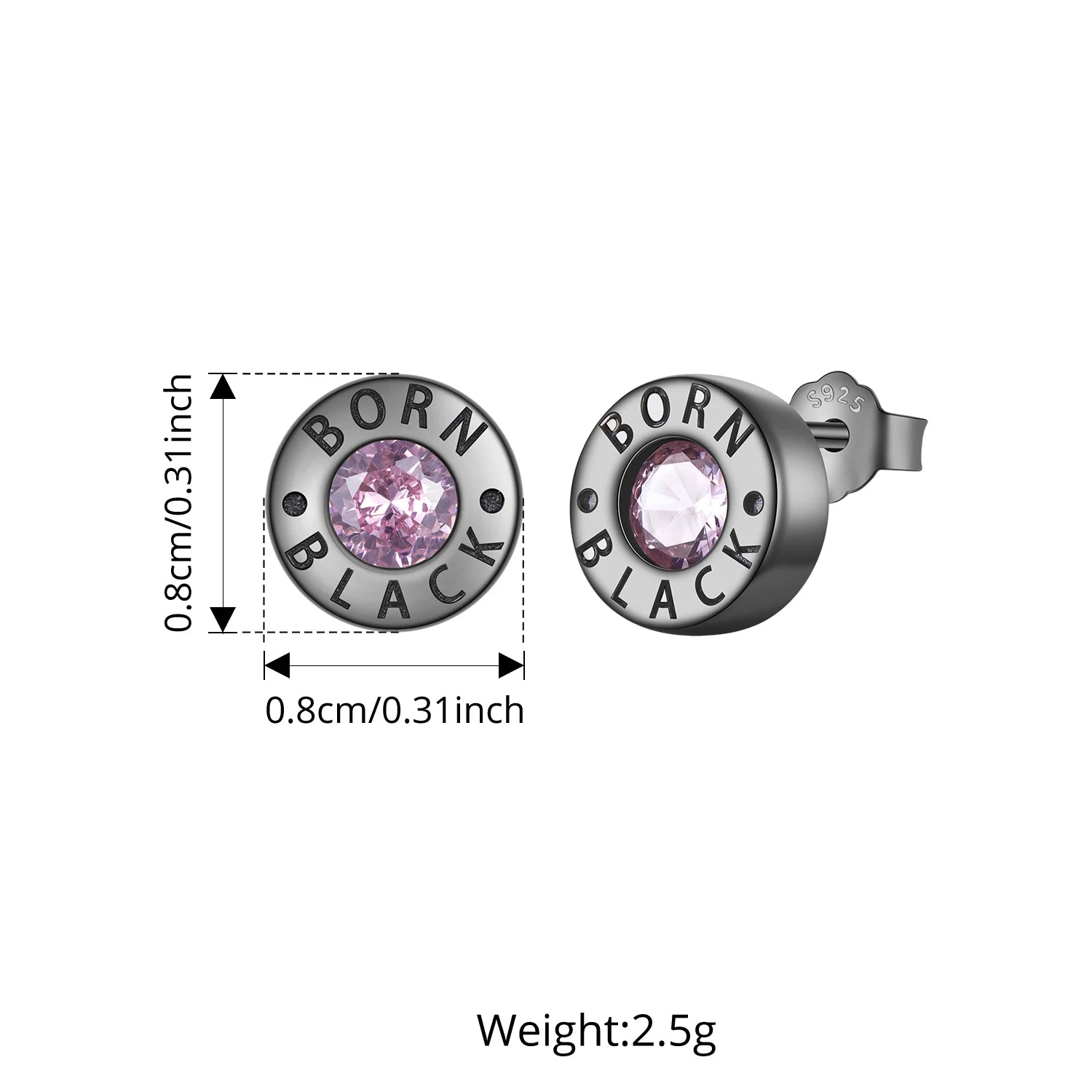 BAMOER Сребърни обеци 925, кръгли, черни, с розов циркон, хипоалергенни, за жени и момичета, пънк парти подарък