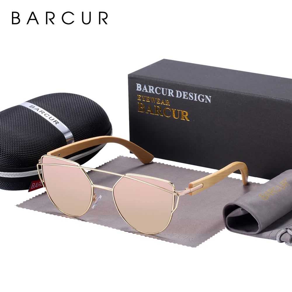 BARCUR Поляризирани слънчеви очила с дървени котешки очила за жени, луксозни модни слънчеви очила с кутия, безплатни очила