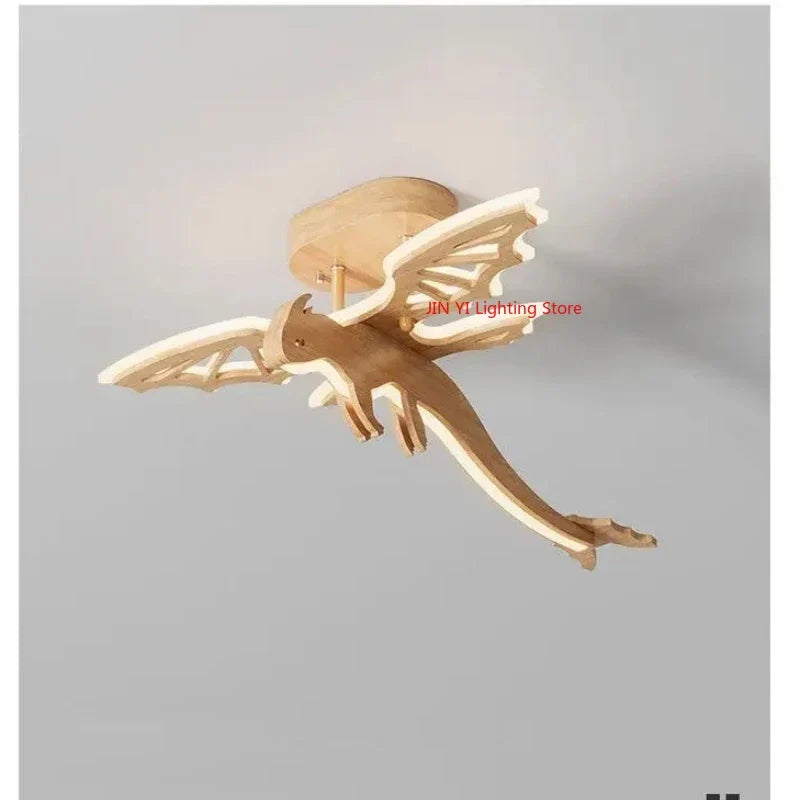 LED таванна лампа с динозавър от масивно дърво, детска стая, спалня за момче, креативна модерна анимационна декоративна лампа, летящ дракон