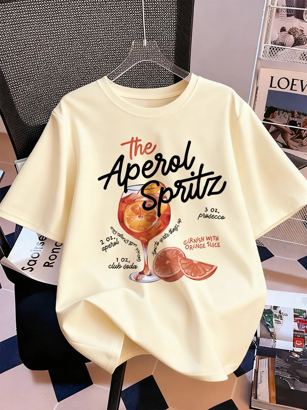 Тениска с щампи на Aperol Spritz с лимон, дамски памучен летен топ с къс ръкав, удобна широка тениска с О-образно деколте, спортни дрехи