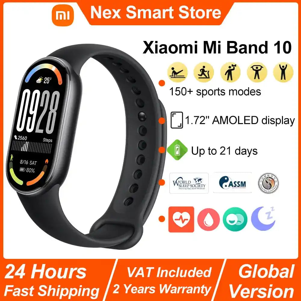 Нова смарт гривна Xiaomi Mi Band 10, 1.72'' AMOLED дисплей, мониторинг на пулса и кислорода в кръвта, 150+ спортни режима, BT5.4 смарт гривна
