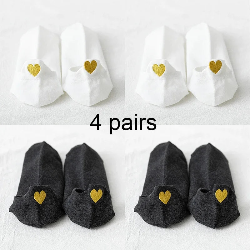 Модни дамски чорапи, нови пролетни 2024 г., 4 чифта до глезена за момичета, памучни, цветни, новост, дамски, сладки, със сърце, ежедневни, забавни чорапи