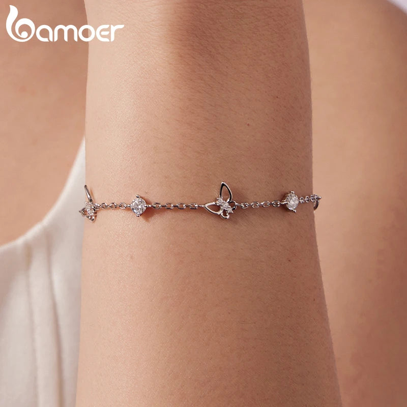 BAMOER Гривна с кухи пеперуди от моисанит, регулируема верижка за китка от стерлингово сребро 925 за жени, романтичен подарък за тийнейджъри