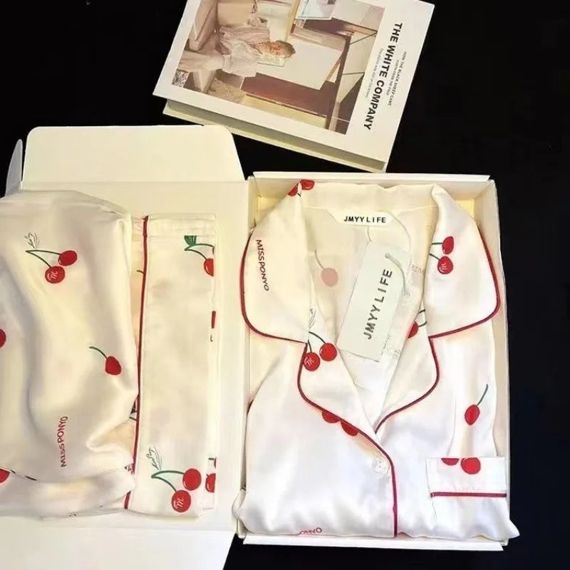 2023 Пролет Есен Нова Ледена Копринена Пижама от 2 Части за Дамски Моден Кардиган Дамска Пижама Сладък Принт Домашно Облекло Дамски Комплект