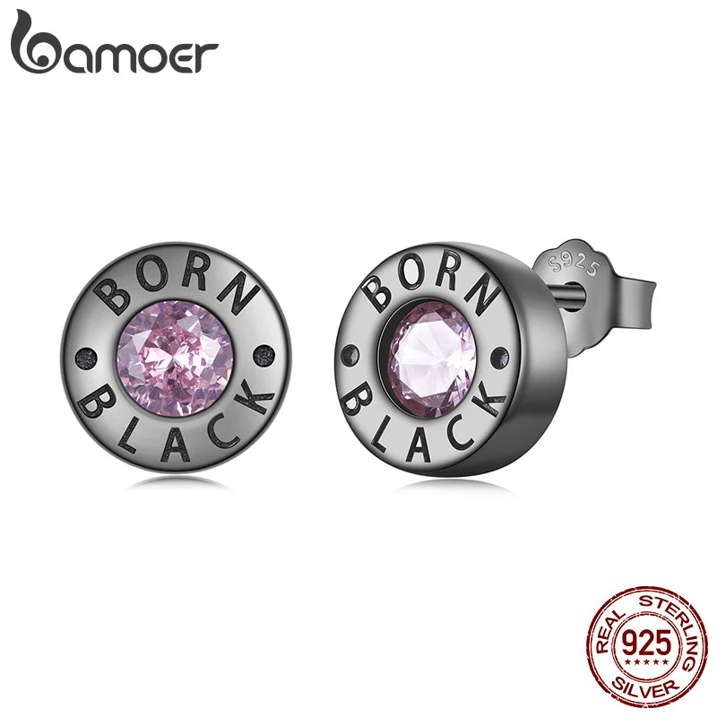 BAMOER Сребърни обеци 925, кръгли, черни, с розов циркон, хипоалергенни, за жени и момичета, пънк парти подарък