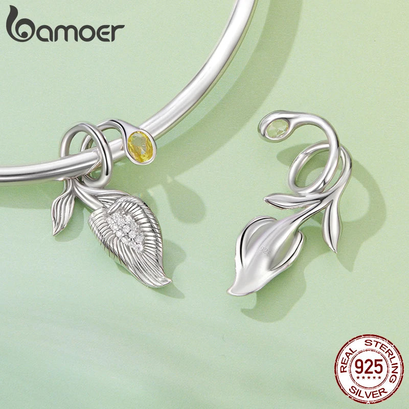 Bamoer 925 стерлингово сребро висулка син лотос растение розово цвете мурански мъниста силиконов дистанционер за жени DIY бижута пролетен подарък