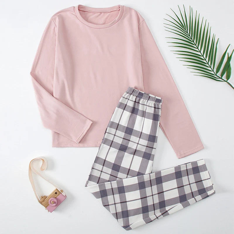 14+ Тийнейджърска тениска с едноцветен цвят, карирани панталони, домашни услуги, пижама за момичета с кръгло деколте, екип за свободното време за момчета от гимназията, пролетен и...