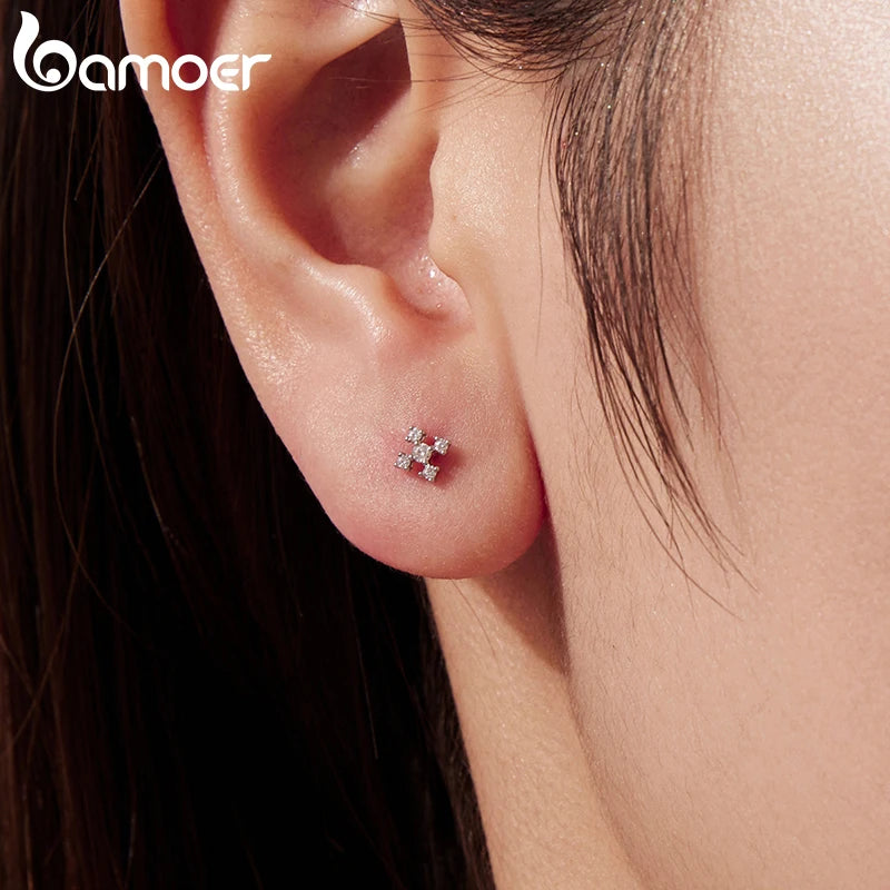 Обеци BAMOER с кръст от моасанит с кръгъл завъртящ се гръб, кръгли диамантени обеци със звезда, създадени в лаборатория, за жени, годежен подарък