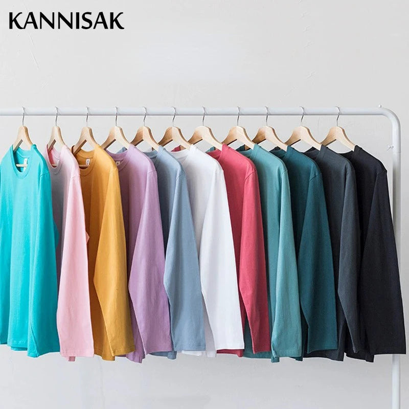 Пролетно-есенни дамски тениски с дълъг ръкав, 100% памучен плат, ежедневна, Harajuku, корейска, плътна, с O-образно деколте, тениска за двойки