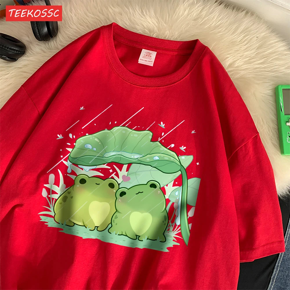 Модни памучни дамски тениски с къс ръкав и принт с две жаби, подслон от дъжда, меки, широки, с О-образно деколте, улични дамски дрехи