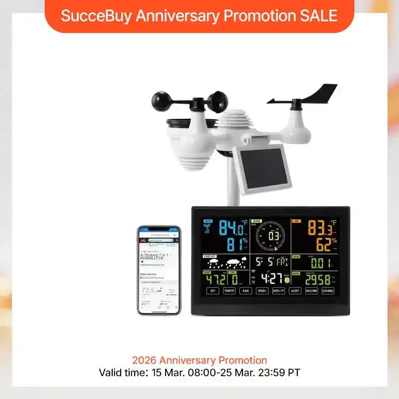 SucceBuy 7-в-1 Wi-Fi метеорологична станция с 7,5-инчов цветен дисплей и безжичен соларен външен сензор, алармени сигнали за температура и влажност