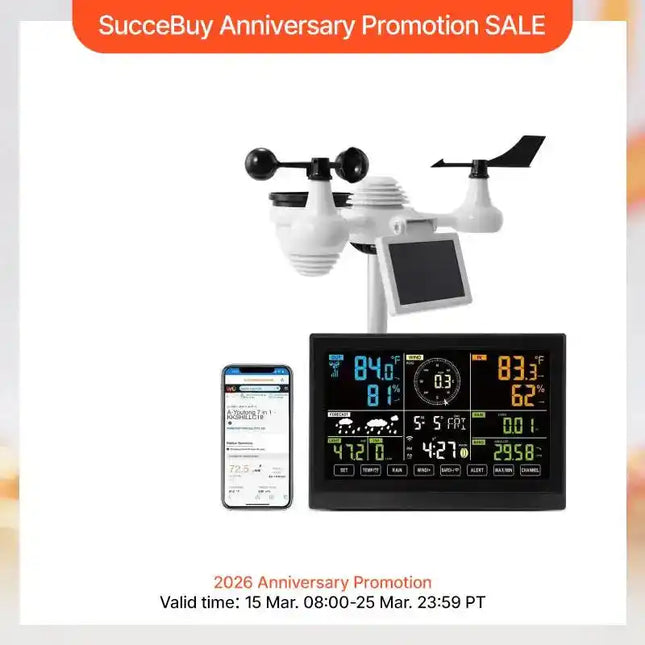 SucceBuy 7-в-1 Wi-Fi метеорологична станция с 7,5-инчов цветен дисплей и безжичен соларен външен сензор, алармени сигнали за температура и влажност