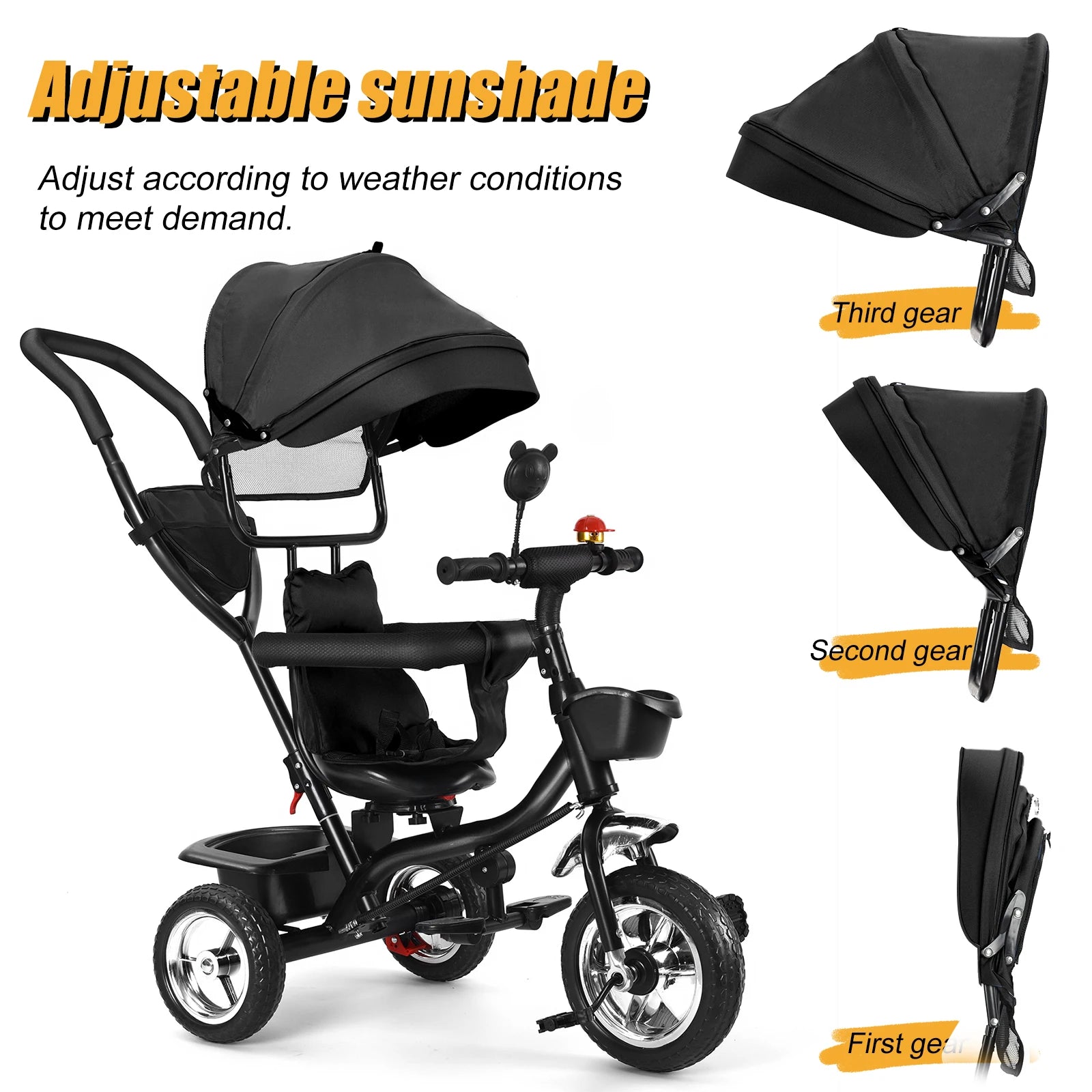 Мащабируема бебешка триколка от 1 до 5 години, велосипед за възрастни хора плюс деца, обръщаема седалка, голяма кошница и чанта, по-големи колела, с дръжка за притискане, зелено/розово/черно/червено/синьо/сиво