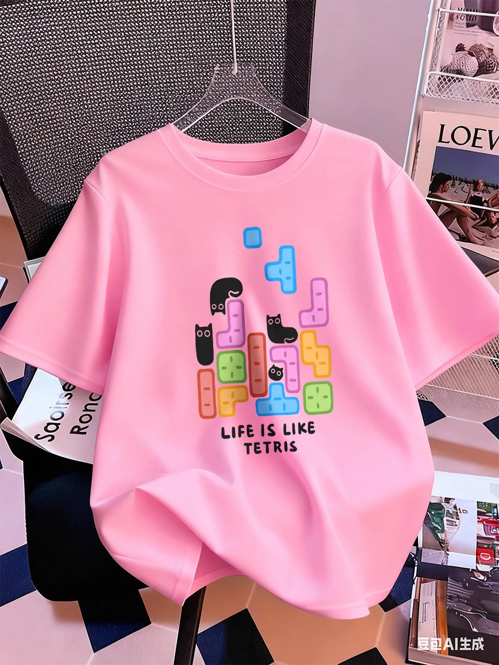 Животът е като тениска с щампа на тетрис, дамска памучна лятна тениска с къс ръкав, широка мека тениска с О-образно деколте, ежедневни дамски дрехи