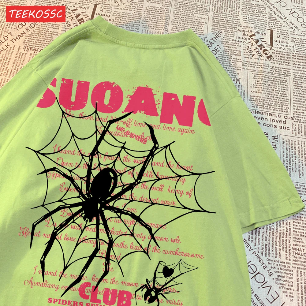 Модни памучни дамски тениски Suo Ang Club Spider Print Tops Oversize O-neck Soft Short Sleeve Summer Casual Damske Dress