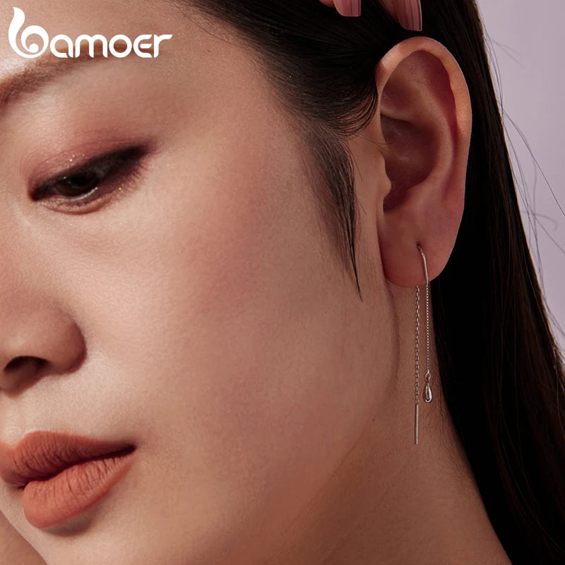 Сребърни обеци Bamoer 925, лъскави, с пискюли, минималистични обеци с нишка за жени и момичета, подарък, бижута